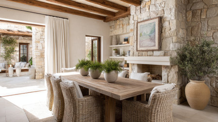 Bright and inviting rustic dining area featuring a wooden table, comfortable seating, and abundant natural light, perfect for gatherings and relaxation.の素材