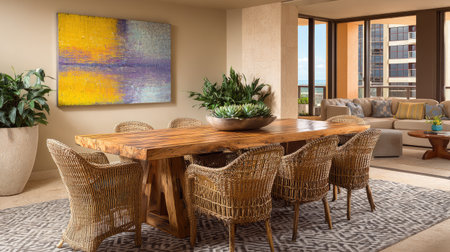 Beautiful modern dining room featuring a wooden table surrounded by wicker chairs, complemented by indoor plants and vibrant wall art, creating an inviting and stylish atmosphere.の素材