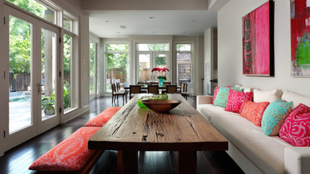 Bright and inviting living room featuring a comfortable sofa, colorful cushions, and a stunning wooden table, surrounded by large windows allowing ample natural light.の素材