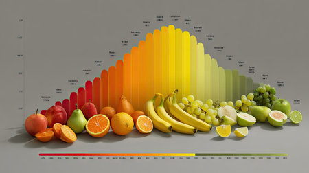 A visually stunning arrangement of fresh fruits displayed in a colorful spectrum. This artistic composition highlights health, freshness, and nutritional variety for culinary inspiration.の素材