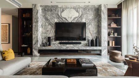Stylish living room featuring a striking marble accent wall, sleek TV setup, and modern furnishings. A perfect blend of elegance and comfort for contemporary homes.の素材