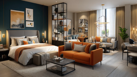 Discover a beautiful modern bedroom and living room design featuring cozy furnishings, warm colors, and stylish decor. Perfect for inspiration in home interiors.の素材