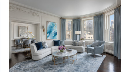 A beautifully designed living room that combines modern elegance with comfort, featuring a stunning city view, stylish furniture, and an inviting atmosphere.の素材