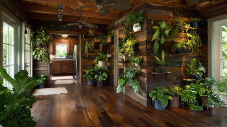 Embrace nature indoors with this charming space featuring lush greenery and warm wooden accents. Perfect for relaxation and stylish living.の素材