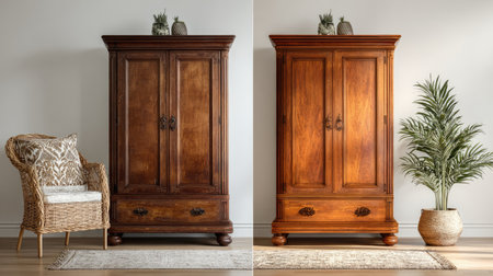 This image showcases a stunning wooden wardrobe highlighting its transformation from dark to light wood finish. Ideal for interior design inspiration and restoration projects.の素材