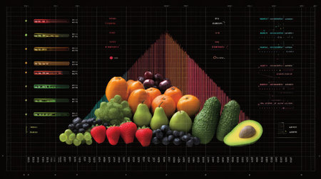 A vibrant arrangement of fresh fruits depicted in a pyramid shape, accompanied by insightful statistical data visualization, showcasing nutrition and health benefits.の素材