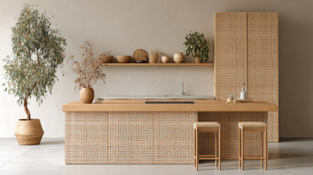 A bright, modern kitchen featuring natural wood finishes and minimalist decor. The design emphasizes simplicity, comfort, and the beauty of organic materials.の素材