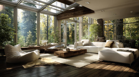 A stunning modern living room featuring large windows that invite natural light and showcase a beautiful outdoor view. Ideal for showcasing contemporary design.の素材