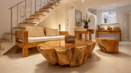 This modern rustic living room showcases beautiful wooden furniture with an inviting ambiance. The bright space features a cozy seating area, artistic decor, and natural light.の素材