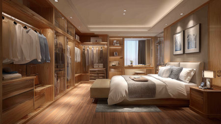 A sleek and modern wooden bedroom showcasing elegant furniture, calming colors, and minimalist decor. Ideal for home design inspiration with a cozy atmosphere.の素材