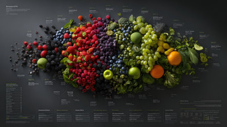 A vibrant display of assorted fruits and berries on a dark background, highlighting freshness and nutritional benefits for a healthy lifestyle. Ideal for culinary uses.の素材