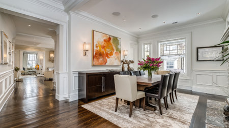 Modern dining room featuring elegant decor and vibrant artwork. The natural light enhances the warm tones of the wood floors and inviting atmosphere.の素材