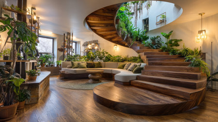 Explore a stunning modern interior featuring a spiral staircase surrounded by lush indoor plants. This design highlights natural light, comfort, and elegance.の素材