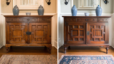 This charming antique wooden sideboard features intricate designs and rich wood grain. Ideal for enhancing any living space with its classic elegance, it showcases decorative blue vases, offering a warm, inviting atmosphere.の素材