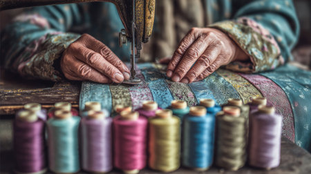 A skilled seamstress meticulously operates a vintage sewing machine, surrounded by vibrant threads, showcasing the art of textile craftsmanship and creativity.の素材