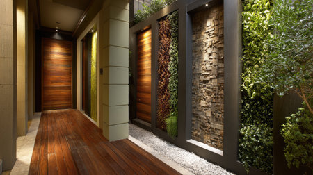 This stunning indoor garden space features unique textured walls made of wood and stone, creating a tranquil and modern atmosphere for relaxation and wellness.の素材