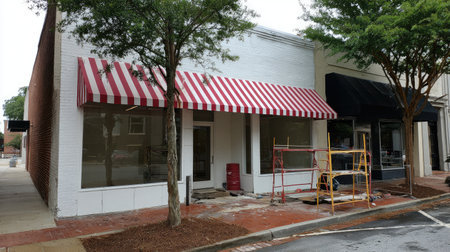 This image captures a charming empty storefront featuring a red and white awning on a serene street, ideal for urban design and renovation themes.の素材