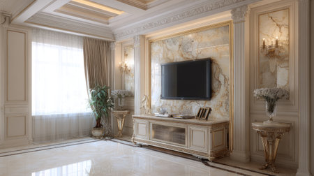 A stunning elegant living room interior showcasing marble accents, luxurious furniture, and a modern television. Perfect for interior design inspiration.の素材