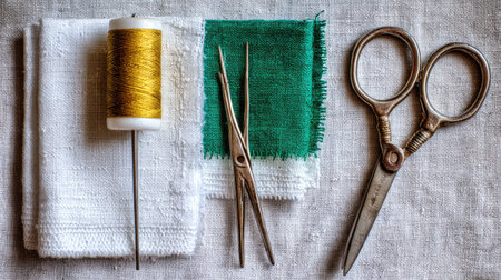 Arrangement of sewing essentials including gold thread, vintage scissors, and colorful fabric swatches on a textured background. Ideal for crafting themes.の素材