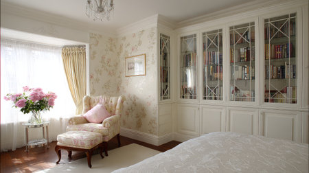 This elegant bedroom features floral wallpaper, a cozy reading nook with plush seating, and a serene atmosphere perfect for relaxation and comfort.の素材