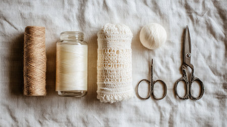 A visually appealing arrangement of various sewing supplies including thread, yarn, and scissors on a neutral fabric background, perfect for crafting inspiration.の素材