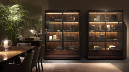 Discover an elegant interior featuring modern display cabinets with warm ambient lighting, perfect for showcasing stylish decor and creating a cozy atmosphere.の素材
