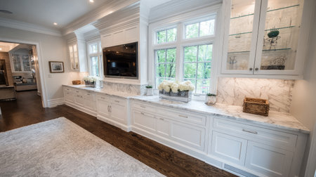 Discover an elegant modern living room featuring a stunning marble countertop, abundant natural light, and stylish decor that creates a cozy atmosphere.の素材