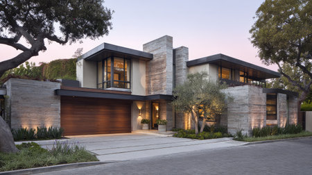 Stunning modern house showcasing a blend of stone and glass, illuminated at dusk. Elegant landscaping complements the chic architectural design, creating a serene atmosphere.の素材