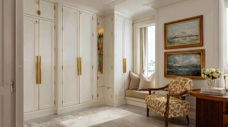 This image showcases an elegant corner of a modern room, featuring cozy seating, art decor, and natural light. Perfect for inspiring interior design ideas.の素材