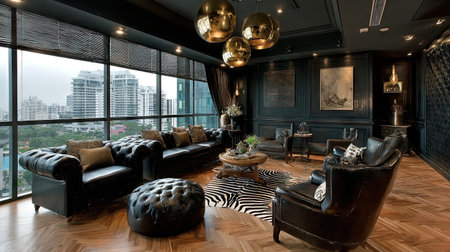 This elegant modern living room features luxurious black furniture and stylish decor. The spacious layout with urban views creates a warm and inviting atmosphere.の素材