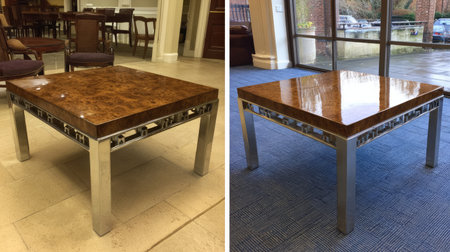 This image features a modern coffee table showcasing a rich wood surface paired with a sleek metal base. Perfect for enhancing interior spaces elegantly.の素材