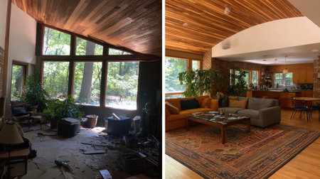 This image showcases a stunning transformation of a living space, illustrating the shift from a cluttered environment to a stylish, modern area filled with natural light and inviting decor.の素材