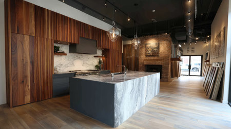 This modern kitchen showcases a stunning blend of wood accents and elegant design. The spacious layout features a marble countertop, warm lighting, and stylish decor elements.の素材