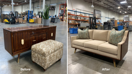 A stunning visual comparison of furniture transformation showcasing a before and after look, highlighting a stylish upgrade of living room pieces for improved decor.の素材