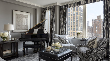 Spacious living room featuring a grand piano, modern furniture, and tasteful decor. Natural light floods the space creating an inviting atmosphere perfect for relaxation.の素材