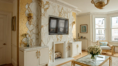 Discover an elegant living room showcasing a stunning marble wall, modern furniture, and warm lighting. This stylish design offers comfort and sophistication for any home.の素材