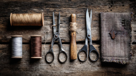 A beautifully arranged collection of vintage sewing tools and threads displayed on a rustic wooden surface, perfect for showcasing craftsmanship and creativity in sewing.の素材