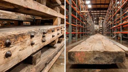 Explore the industrial charm of rustic wooden shelving and planks in a warehouse setting. Discover aged textures and strong materials ideal for design inspiration and renovation projects.の素材