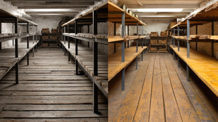 This image showcases an abandoned storage room featuring empty wooden shelves and rustic flooring, reflecting a sense of neglect and history in a quiet, desolate space.の素材