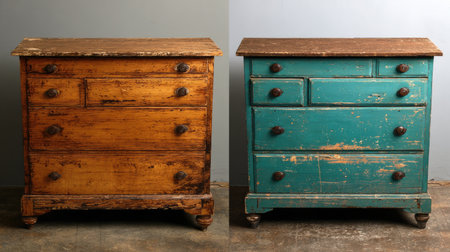 This vintage wooden dresser showcases rustic charm with its chipped paint and worn texture. Perfect for home decor or vintage furniture collection, it adds character to any space.の素材