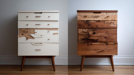 This unique two-tone furniture piece showcases natural wood grain and texture, blending modern design with rustic charm, perfect for stylish storage in any home.の素材