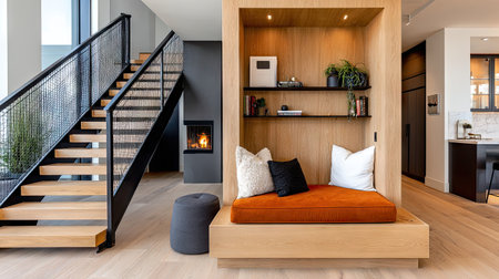 This image showcases a modern reading nook featuring warm wood accents, comfortable seating, and ambient lighting, perfect for relaxation and creativity.の素材