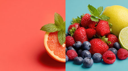 A beautiful arrangement of fresh fruits including grapefruit, lemon, and assorted berries garnished with mint leaves, perfect for a healthy lifestyle or vibrant snacks.の素材