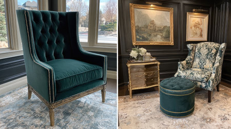 Discover two stunning chairs: a luxurious wingback armchair in deep green velvet and a striking floral accent chair. Perfect for stylish interiors.の素材