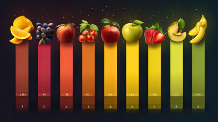 A visually appealing display of fruits ranked by color intensity and freshness. Each fruit is paired with vibrant gradient bars, showcasing natural beauty and health.の素材