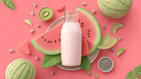 A delightful arrangement featuring a bottle of milk surrounded by juicy watermelon and melon slices, creating a vibrant and refreshing summer vibe.の素材