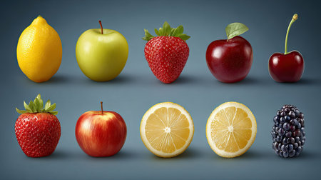 A vibrant collection of fresh fruits showcasing lemons, apples, strawberries, and cherries. Ideal for health, nutrition, and culinary themes.の素材