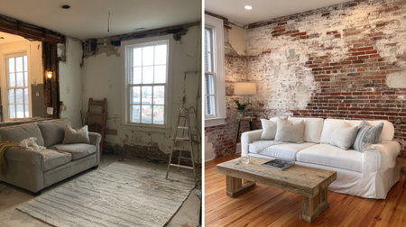 This image showcases a stunning transformation of a living room, highlighting the contrast between a raw space and a stylish, cozy habitat. The renovated area exudes warmth and charm.の素材