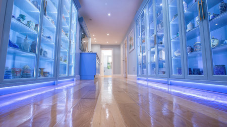 This stunning interior features illuminated cabinets displaying beautiful glassware on a polished wooden floor, creating a vibrant and elegant atmosphere.の素材