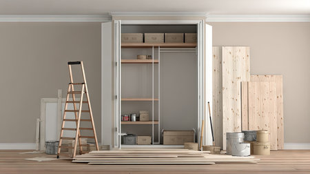 Innovative open closet in a modern interior, surrounded by construction materials and tools, showcasing a fresh and organized space for renovation projects.の素材